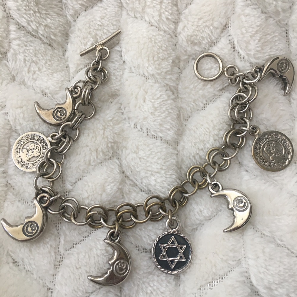 Mexico-Stamped Silver Charm Bracelet with Star & Moon Motif
